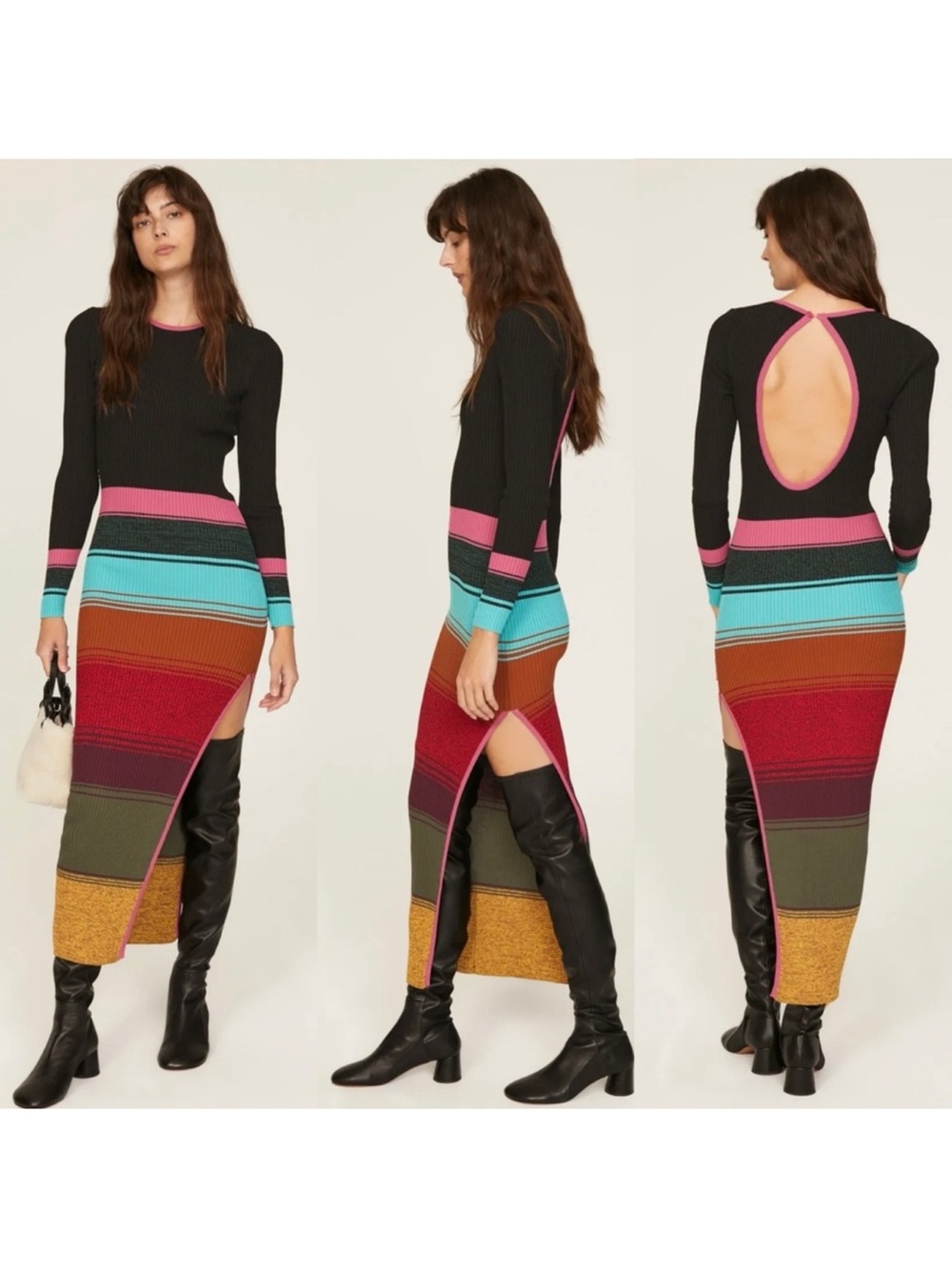 STAUD Black Multicolor Striped Maxi Dress with Open Back